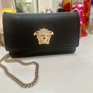 Versace Black Clutch with Gold Medusa Emblem